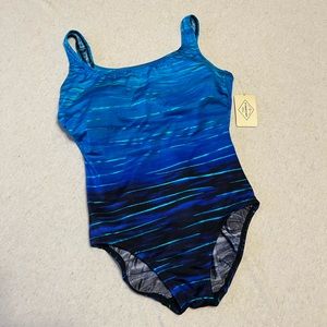 New St John’s Bay Blue Turquoise Foil One Piece Swimsuit Size 10 With Tags